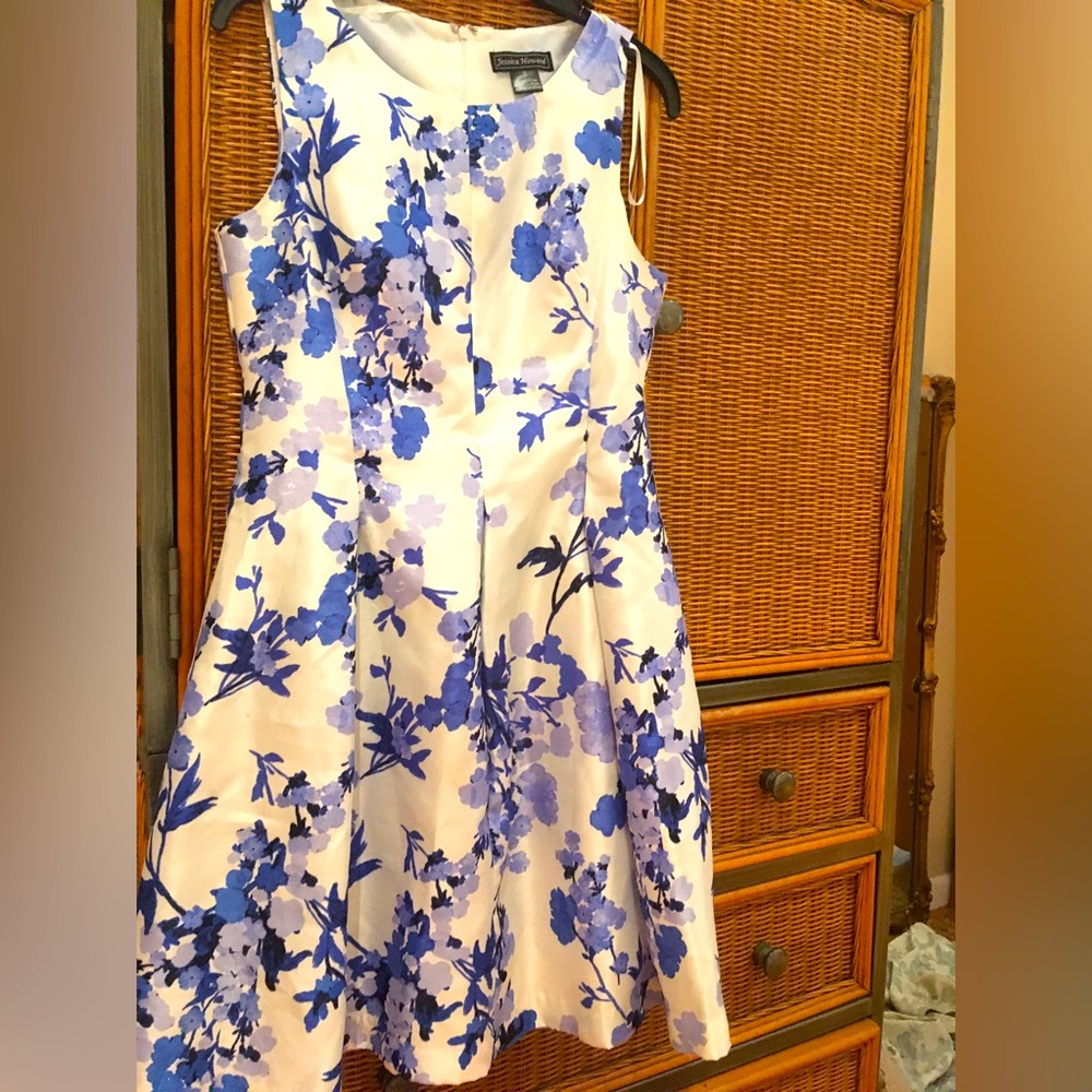 Multiblue colored floral fit and flare midi